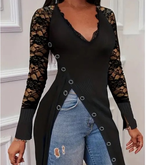 Tops - Black Lace Contrast Asymmetrical Hem Black Date Night Shirt